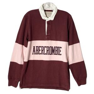 Nwot Abercrombie Fitch Long Sleeve Rugby Polo Burgundy Striped Logo Spellout Med